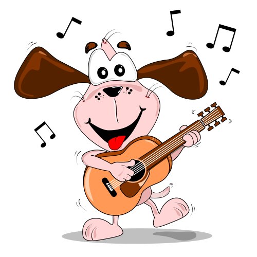 Vector con chó hoạt hình chơi nhạc và khiêu vũ với một cây đàn guitar