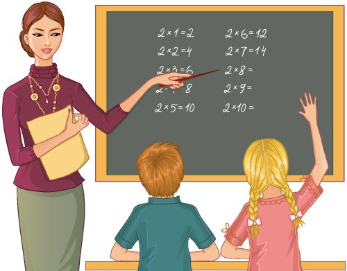 Vector giáo viên giải thích trẻ em học toán trên bảng đen