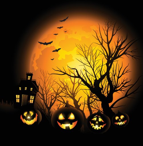 Vector nền Halloween với mặt trăng và ngôi nhà ma
