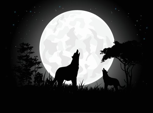 Vector con chó Sói đang hét lên với những bóng mờ trên nền mặt trăng khổng lồ