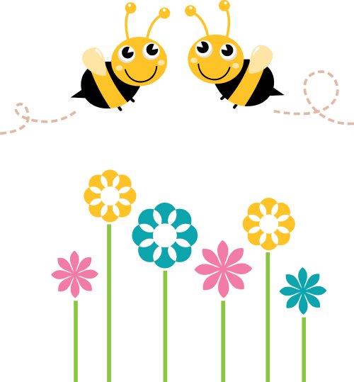 Vector hai chú ong đáng yêu bay xung quanh hoa