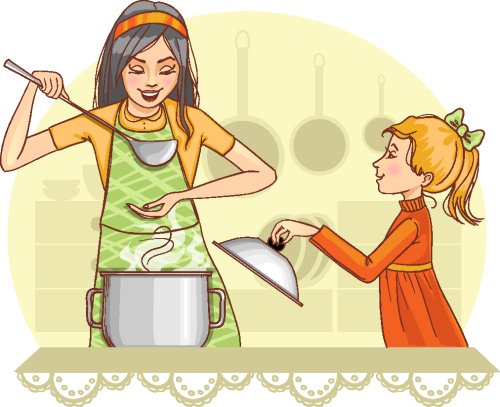 Vector Mẹ và con gái thử nghiệm thực phẩm trong nhà bếp