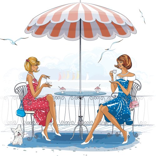 Vector hai phụ nữ xinh đẹp ngồi tại quán cà phê gần bãi biển