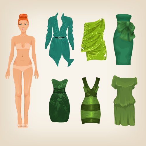  Vector búp bê giấy với một loạt các trang phục màu xanh lá cây