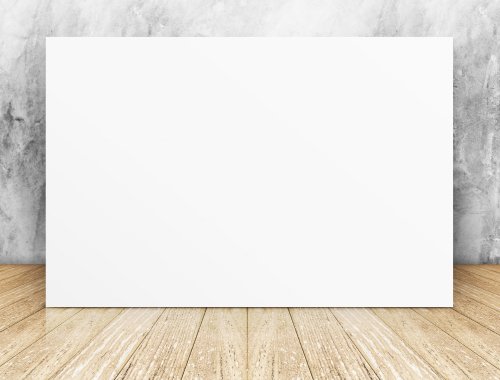 Ảnh hình vuông trống trắng trên bức tường và nền sàn bằng gỗ