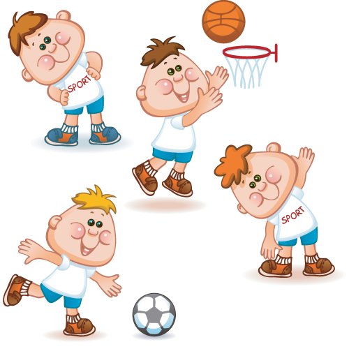 Vector cậu bé tập thể dục thể thao, bóng đá và bóng rổ.