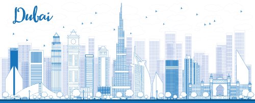 Vector Phác thảo đường chân trời Thành phố Dubai với những tòa nhà chọc trời màu xanh.
