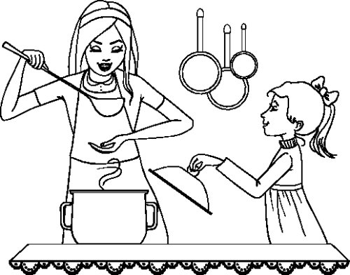 Vector phác thảo của mẹ và con gái kiểm tra thực phẩm trong nhà bếp
