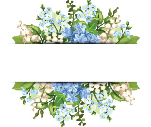 Vector nền ngang với hoa màu xanh và trắng, lá xanh.