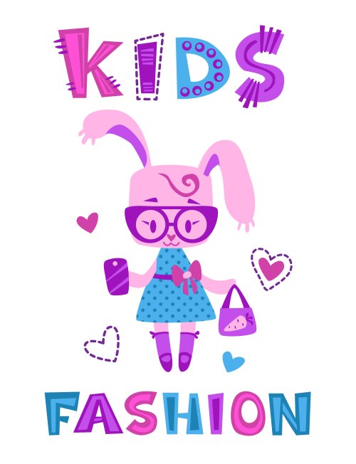 Vector minh họa thời trang trẻ em, cô gái dễ thương thỏ với túi và điện thoại 