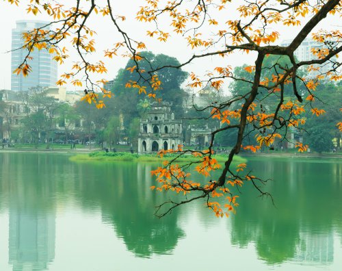 Ảnh chụp lá cây rơi tại Tháp Rùa, Hồ Hoàn Kiếm, trung tâm Hà Nội, Việt Nam
