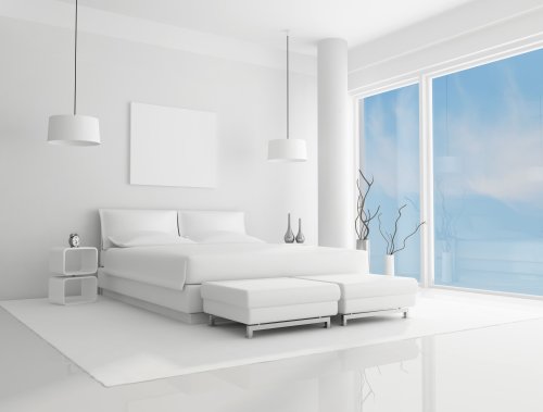 Hình ảnh phòng ngủ màu trắng tinh khiết với bầu trời xanh - render ...