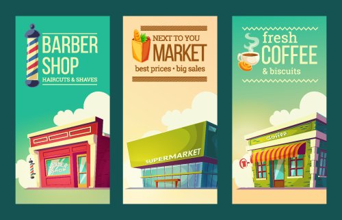 Vector bộ hình minh họa Áp phích quảng cáo tuyệt với cho siêu thị, tiệm cắt tóc, quán cà phê.