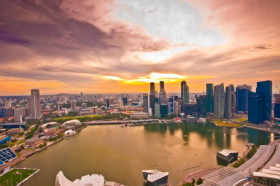 Ảnh chụp Panorama Singapore từ Khu nghỉ mát Marina Bay Sand vào lúc hoàng hôn đẹp