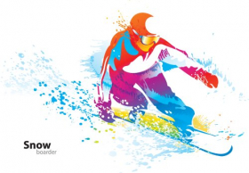 Vector đầy màu sắc của một chàng trai trẻ trượt tuyết với giọt và xịt trên nền trắng