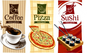 Vector minh họa mẫu  thực phẩm cà phê, pizza và sushi