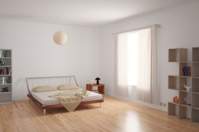 Ảnh chụp Nội thất phòng ngủ hiện đại với trang trí tối giản với màu trung tính trên một sàn gỗ cứng không lát.
