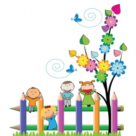 Vector trẻ em vui vẻ trên hàng rào đầy màu sắc