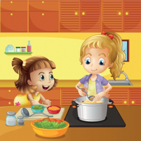 Vector  một người mẹ và con gái nấu ăn với nhau