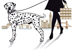 Vector Người phụ nữ đi bộ với chú chó Dalmatians
