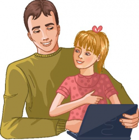 Vector Cha và con gái làm việc với máy tính xách tay