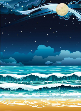 Vector cảnh biển đêm với mặt trăng và bầu trời đầy sao.