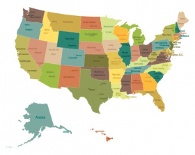 Vector bản đồ chi tiết về chính trị Hoa Kỳ với tên bang và thành phố
