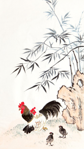 Ảnh chụp bức tranh truyền thống Trung Quốc, tre và gà