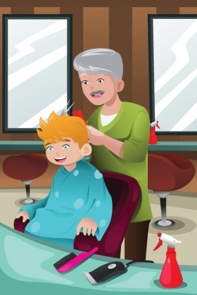 Vector minh hoạ một đứa trẻ đang cắt tóc ở cửa hàng