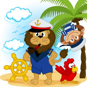 Vector thuyền trưởng sư tử biển và thủy thủ khỉ 