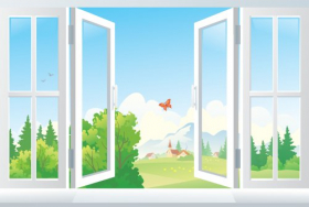 Vector minh họa mở cửa sổ với cảnh quan bên ngoài