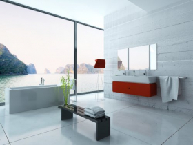 Ảnh chụp nội thất phòng tắm hiện đại với đồ nội thất màu đỏ