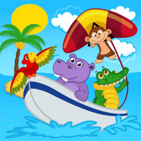 Vector động vật trên thuyền đi xe với con khỉ trên máy bay treo
