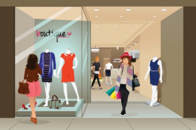 Vector minh họa người phụ nữ mua sắm tại cửa hàng thời trang