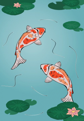 Vector - hai cá chép nhật bơi trong ao  sen