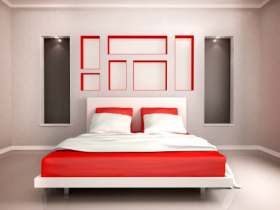 Hình ảnh 3D về nội thất phòng ngủ hiện đại bằng màu đỏ và xám