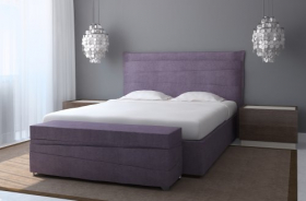 Ảnh nội thất phòng ngủ hiện đại, bức tường màu xám và giường màu tím