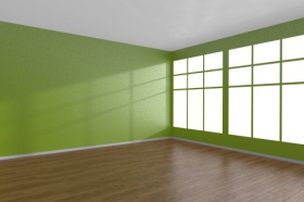 Hình ảnh 3D góc của căn phòng trống rỗng màu xanh lá cây với cửa sổ lớn và sàn gỗ