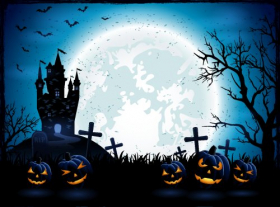 Vector quả bí ngô Halloween và lâu đài tối trên nền màu xanh mặt trăng