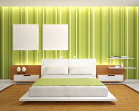 Ảnh nội thất phòng ngủ hiện đại với bức tường xanh và giường rộng