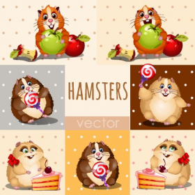 Vector chuột Hamsters hạnh phúc với táo, bánh và kẹo