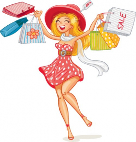 Vector Cô gái vui vẻ với túi mua sắm tại cửa hàng