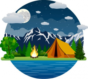 Vector túp lều mùa hè và lửa trại ở vùng núi gần hồ