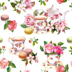 Ảnh chụp trà với hoa anh đào, hoa hồng, chén trà và bánh macaroon