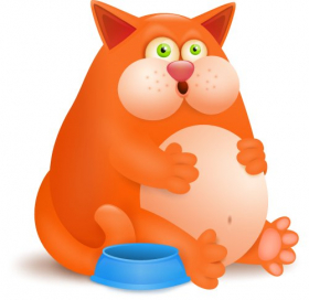Vector minh họa chú mèo tham ăn bụng mỡ, với bát trống