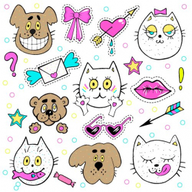 Vector thời trang vá phù hiệu với mèo con, chó con, gấu bông, môi, phong bì ..