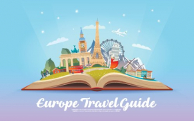 Vector Mở cuốn sách có điểm mốc đường đi Du lịch đến Châu Âu