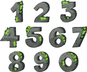 Vector Thiết kế phông chữ cho các số có hình vẽ bằng đá và lá