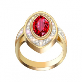 Nhẫn vàng có viên ngọc đỏ lớn và các viên kim cương xung quanh